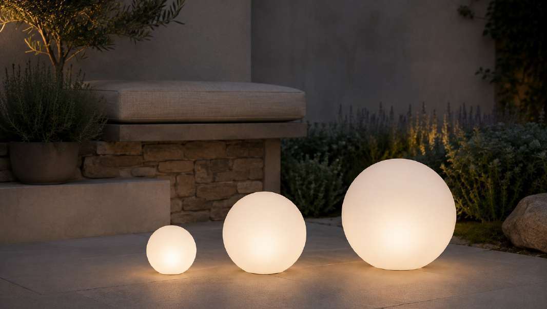 Tre sfere luminose in un giardino