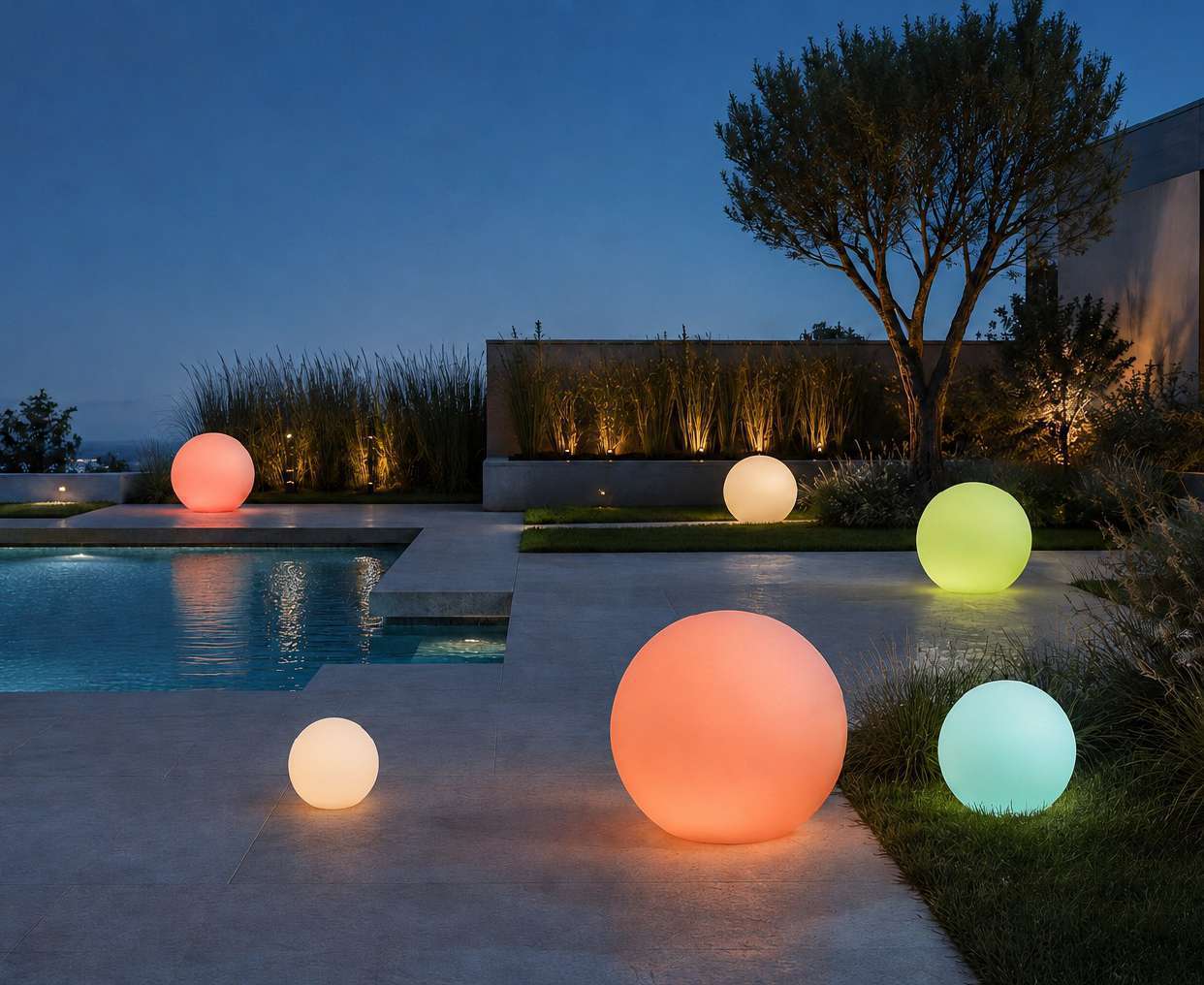 Sfere luminose a colori in un giardino con piscina
